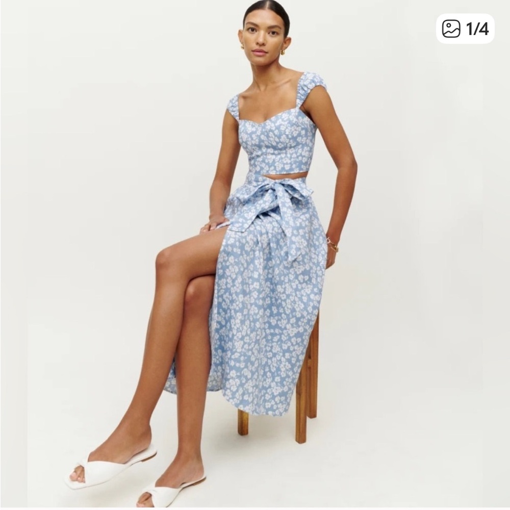 Reformation Light Blue Floral Tie-Front  Linen Skirt